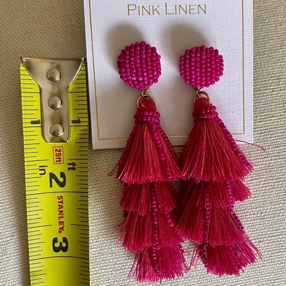 PINK LINEN Beaded Tassel Post Earrings Pink New - Picture 4 of 4